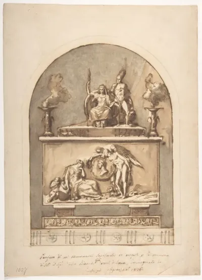 Design for a Sepulchral Monument Divided in Two Parts with Bas Relief Surmounted by Statues and Foliate Decoration Below