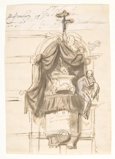 Design for a sepulchral monument in the form of a pulpit (recto); Fragment of a text (verso)