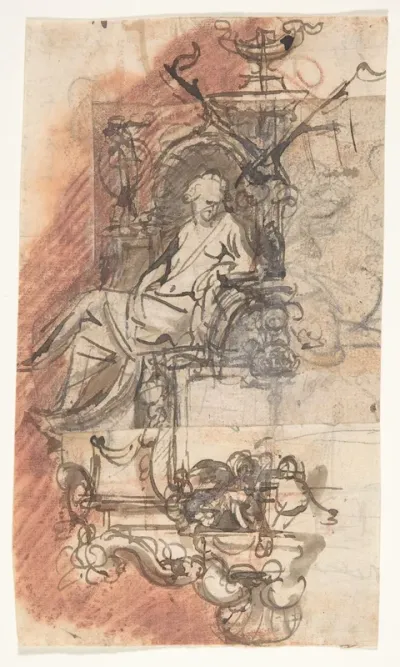 Design for a sepulchral monument with a seated female figure (recto); Design for a statue of a standing male figure and fragment of a letter (verso)