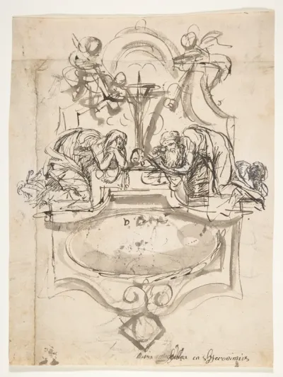 Design for a sepulchral monument with Mary Magdalen and Saint Jerome (recto); Sketch (counterproof) and writing exercises (verso)
