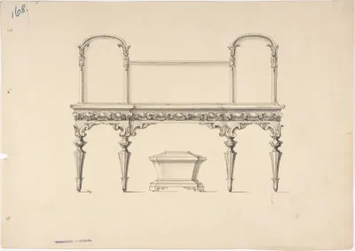 Design for a Sideboard with Mirrors and Shell Ornament, a Casket Below