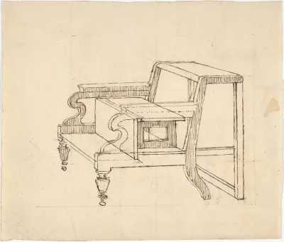 Design for a Small Stepstool with Front Casters (verso: sketch demonstrating folding mechanism)