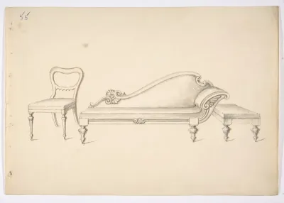 Design for a Sofa with One WIng-like Arm, Chair and Stool