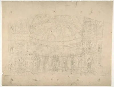 Design for a Stage Set at the Opéra, Paris: Domed Interior (recto); Sketches for Dome and Doors (verso)