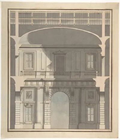 Design for a Stage Set: Design in Section of a Two-Storied Entrance Hall (recto); Elevation Design for a Monumental Entrance with Columns and Rounded Pediment (verso)
