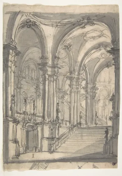 Design for a Stage Set: Groin-Vaulted Stairway Leading to a Gallery with Another Stairway to a Second Story at Left (recto); Slight Sketch Traced Through from the Recto and Reworked (verso)