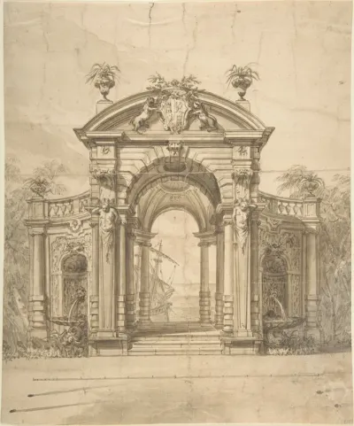 Design for a Stage Set: Triumphal Arch with Fountains in the Side Niches and the View of a Boat through the Arch