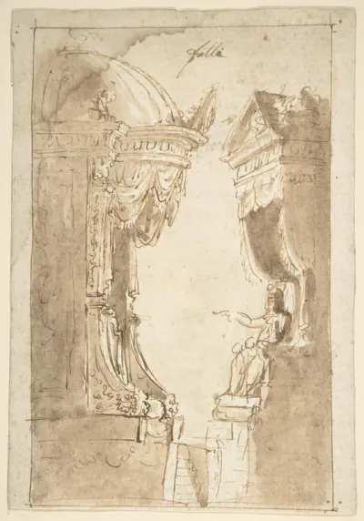 Design for a Stage Set with Two Thrones (recto); Landscape (verso)