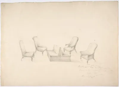 Design for a Suite of Furniture, A Double-sided Sofa, Two Chairs and Two Armchairs (Verso: sketch for shelves and a mirror)