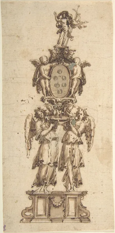 Design for a (Temporary?) Structure consisting of Two Angels carring the Medici Coat of Arms crowned by the Figure of Christ