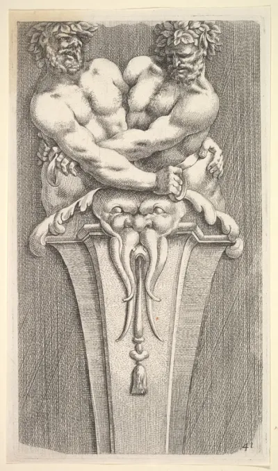 Design for a Term with Two Bacchic Figures, from: Curieuses recherches de plusieurs beaus morceaus d'ornemens antiques et modernes (...)
