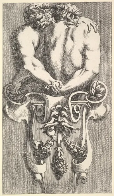 Design for a Term with Two Embracing Satyrs, from: Curieuses recherches de plusieurs beaus morceaus d'ornemens antiques et modernes (...)