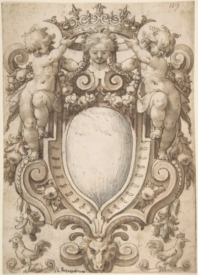 Design for a Title Page with a Coat of Arms (blank) and Two Putti Holding a Crown