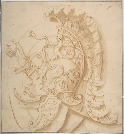 Design for a Trophy with Sword and a Plumed Helmet Decorated with Grotesques Masks, Classical Motifs
