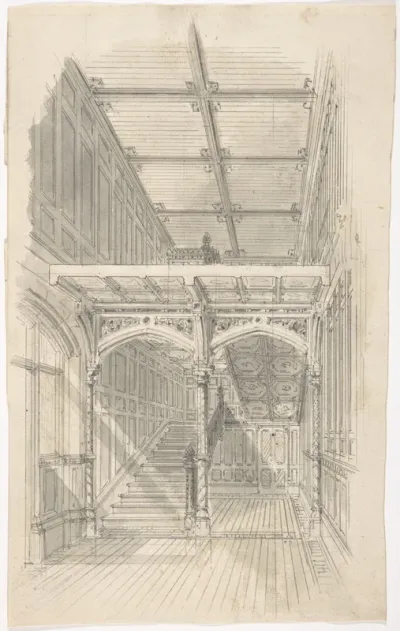 Design for a Tudor Paneled Hall and Staircase