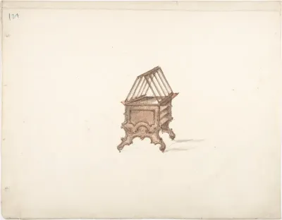 Design for a Two-sided Bookstand with Shelves (Verso: sketch)
