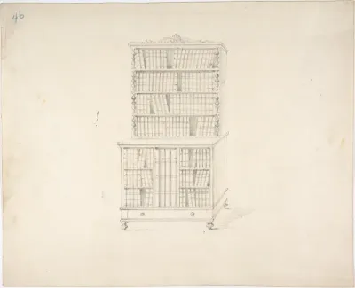 Design for a Two Tiered Book Cabinet with Turned Feet and Ornament (Verso: sketch)