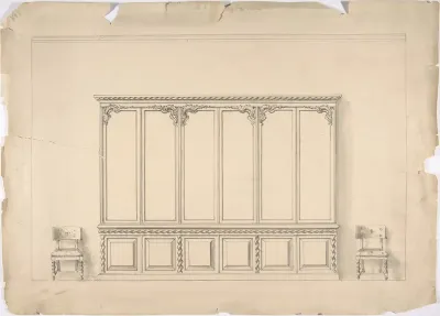Design for a Very Large Cabinet  with Turned Elements, and Two Chairs