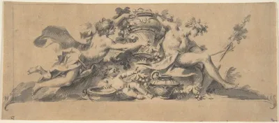 Design for a Vignette (?) with Two Figures flanking a Vase