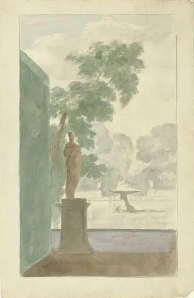 Design for a Wall Decoration in a Hall: View of a Garden with a Statue, Fountain and Urns