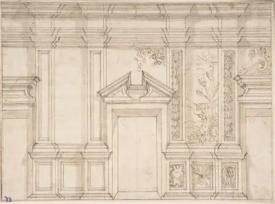 Design for a Wall Elevation with Garlands and a Landcape Scene