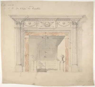 Design for an Adam-style Mantel, with a Marble Surround and Iron Firebox