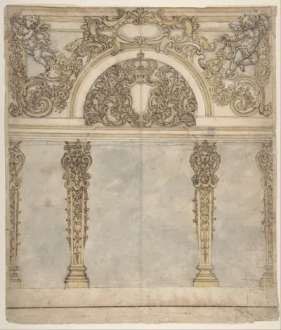 Design for an Alcove with a Coat of Arms Flanked by Putti Bearing a Crown, Supported by Pilasters with Human Heads in Capitals