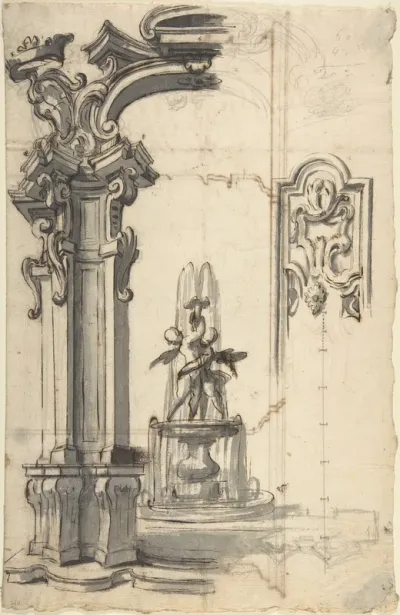 Design for an Arch Through Which Is Seen a Fountain with Two Putti (recto); Design for an Architectural Structure (verso)