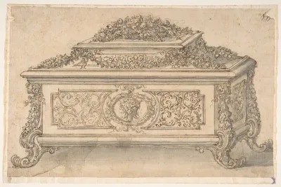 Design for an Casket heavily decorated Foliate Scrolls, Garlands and a Satyr Mask