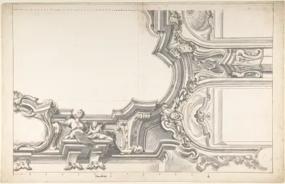 Design for an Elaborate Cornice with a Cartouche and Figures Supporting a Ceiling, with Two Arched Openings