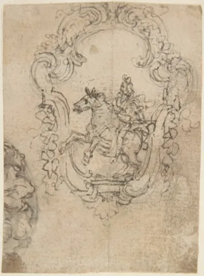 Design for an Equestrian Statue in a Cartouche (recto); Sketches for a Frieze with Sea-Shells and Floral Ornament (verso)