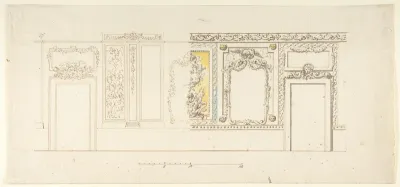 Design for an Interior Wall Decoration of a Palazzo with Two Doorways and a Decorated Panelling with Trophies
