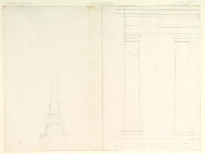 Design for an Obelisk; Partial Design in Elevation for Colonnade in the Doric or Tuscan Order (recto); Design for Fluted Column on Podium in Elevation (verso)