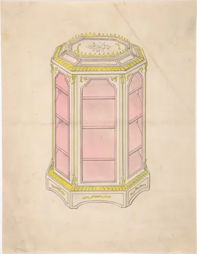 Design for an Octagonal Cabinet with Shelves and a Pink Interior