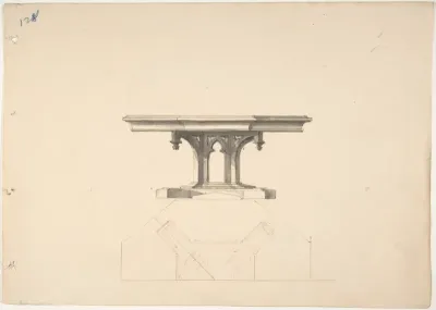 Design for an Octagonal Gothic Pedestal Table: Elevation and Plan