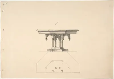 Design for an Octagonal Gothic Pedestal Table with Pendentives: Elevation and Plan