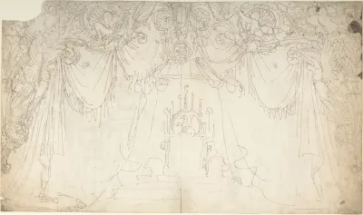 Design for Bed Alcove (recto); Studies for Statues and Carvings on Bed (verso)