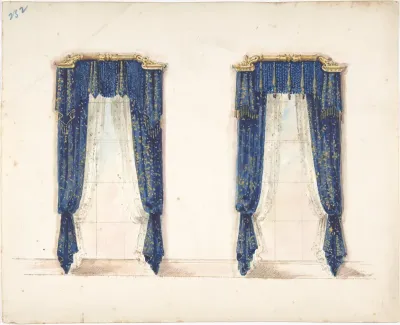 Design for Blue and Gold Curtains with Gold Fringes and a Gold Pediment