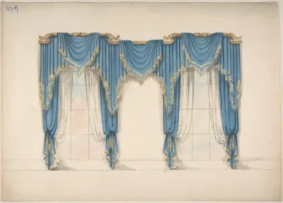 Design for Blue Curtains with Gold Fringes and Pediments