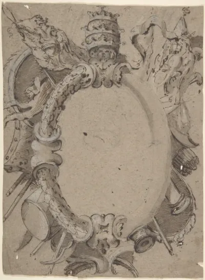 Design for Cartouche with Banners, Drums, Leaves and a Woman's Head with Tiara