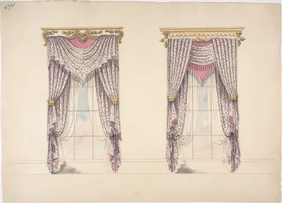 Design for Curtains with Purple, White and Mink Fabric, Purple Fringes and Gold and White Pediments