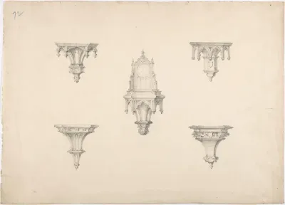 Design for Five Medieval Brackets, the Central One Bearing a Clock