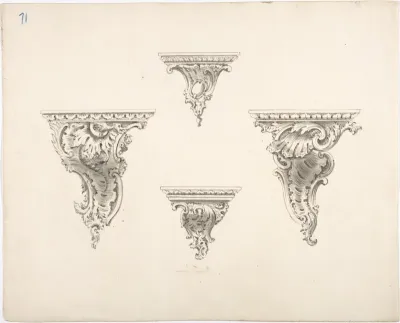 Design for Four Brackets with Foliate and Rocaille Ornament