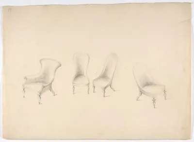 Design for Four Uphostered Chairs on Casters, One with Arms