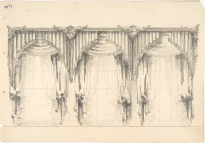 Design for Fringed, Pelmeted Curtains Hanging at Three Widows