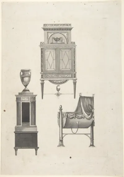 Design for furniture in a variation on the style of Thomas Sheraton, a desk or bookcase, a plate-warmer (?) pedestal, and a cradle
