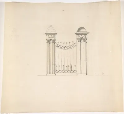 Design for Gate Piers with Paired Pilasters and Domed Caps, and a Gate