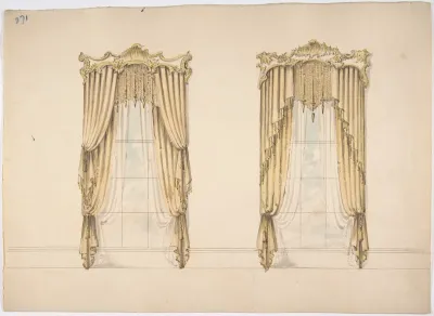 Design for Gold Curtains with Gold Fringes and a Gold and White Pediment