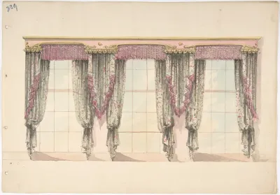Design for Gray and Pink Curtains with Pink Fringes and a PInk and Gold Pediment