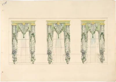 Design for Green and White Curtains with Green Fringes and a Green and Gold Pediment